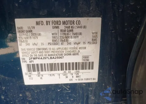 2020 Ford Edge Sel z USA, uszkodzony, nr VIN 2FMPK4J97LBA25067